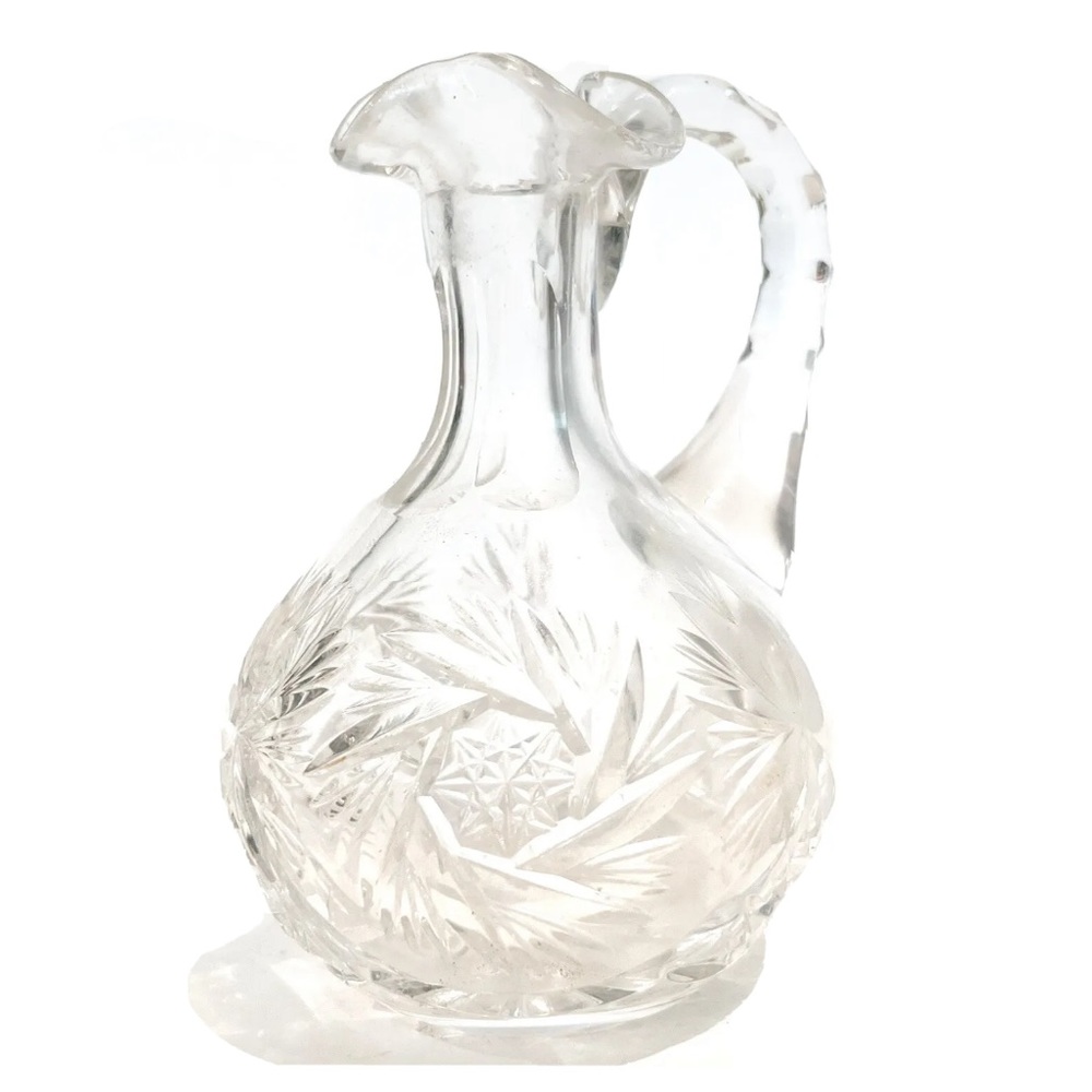 Vintage Cut Crystal Glass Vase Decanter Creamer Floral Flower Star Design Handle